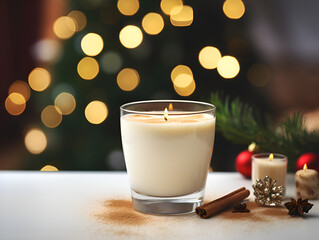 A burning candle in a glass jar on white table with blurred Christmas lights in background