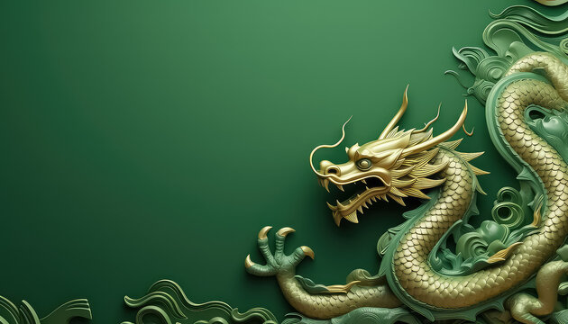 Green Chinese Dragon, New Year Concept On Green Background