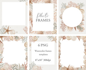 Seashells frames templates. Borders bundle. Watercolor frames clipart with flowers. Transparent background.