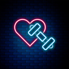 Glowing neon line Dumbbell with heart icon isolated on brick wall background. Muscle lifting, fitness barbell, sports equipment. Colorful outline concept. Vector