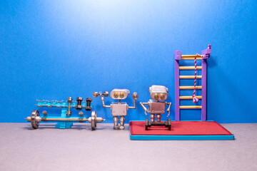 Two robots doing exercises with dumbbells, sports exercise concept, powerlifting workout - 674621679