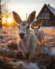 two goats on the background of a wooden house in winter at sunset