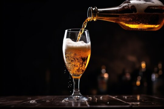 Bartender pours beer from glass bottle