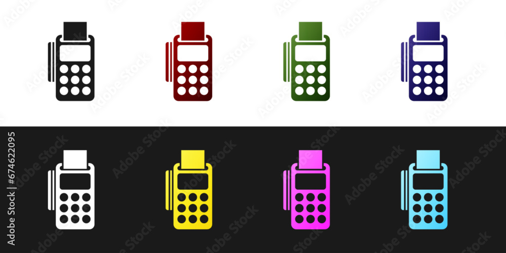 Poster set pos terminal with inserted credit card and printed reciept icon isolated on black and white back