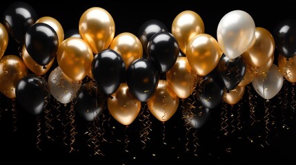 Gold and black balloons on black background