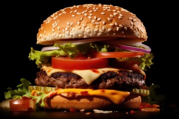Delicious cheese burger on dark background