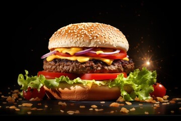 Delicious cheese burger on dark background