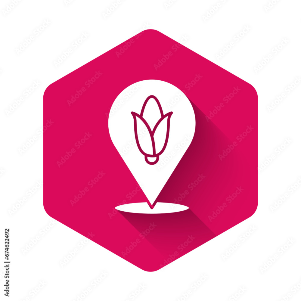 Poster white location corn icon isolated with long shadow. pink hexagon button. vector