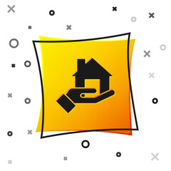 Black Realtor icon isolated on white background. Buying house. Yellow square button. Vector