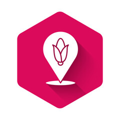 White Location corn icon isolated with long shadow. Pink hexagon button. Vector