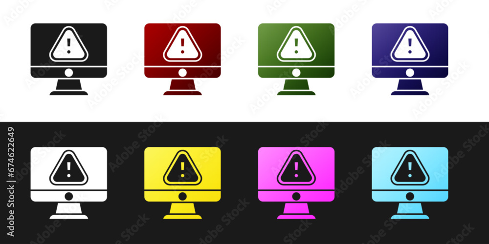 Poster set computer monitor with exclamation mark icon isolated on black and white background. alert messag