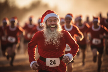 Action shots of runners with santa hat and endurance athletes in motion, capturing the determination and energy of cardiovascular exercise. - obrazy, fototapety, plakaty