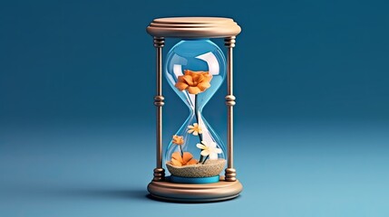Hour Glass clock with flowers on blue background