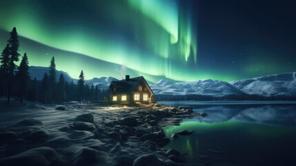 A small cabin in a northern landscape, aurora borealis, northern lights, generative ai.