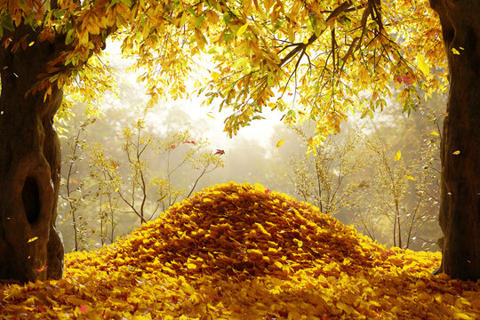 3D rendering of a pile of leaves in the middle of an elm trees