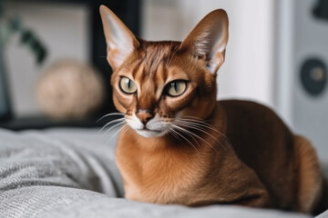 Fototapeta na wymiar Red Abyssinian cat cat lying relaxed and sleepy on couch at home in modern interior of living room.