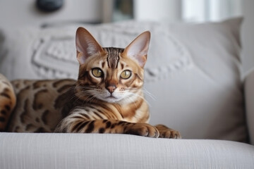 Red Bengal cat cat lying relaxed and sleepy on couch at home in modern interior of living room.