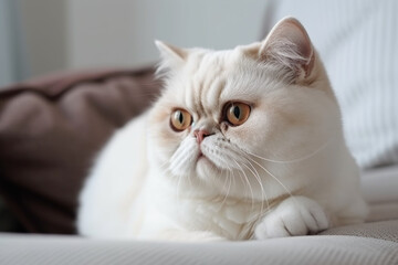 Exotic Shorthair cat cat lying relaxed and sleepy on couch at home in modern interior of living room.