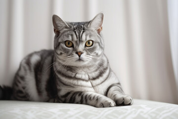 Grey American Shorthair cat cat lying relaxed and sleepy on couch at home in modern interior of living room.
