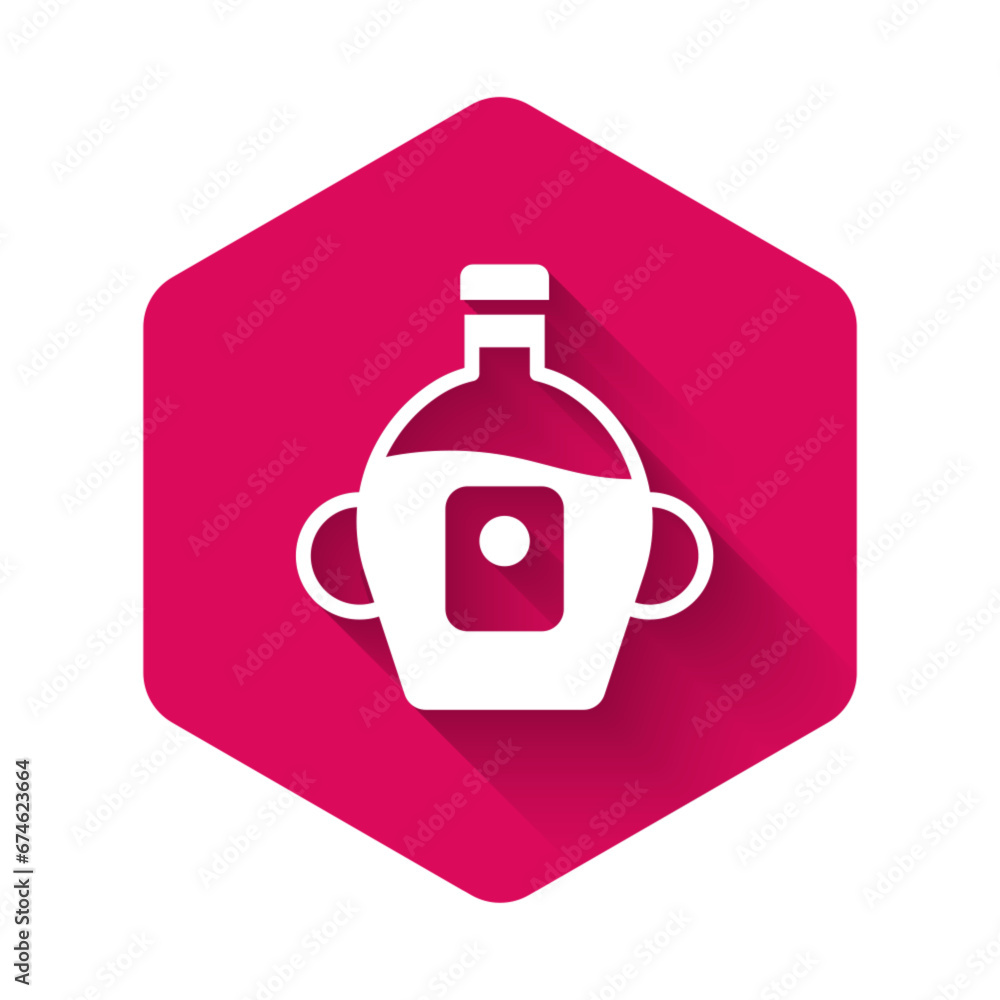 Poster white bottle of maple syrup icon isolated with long shadow. pink hexagon button. vector