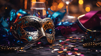 Silvester party favors close-up with noisemakers and masks - obrazy, fototapety, plakaty