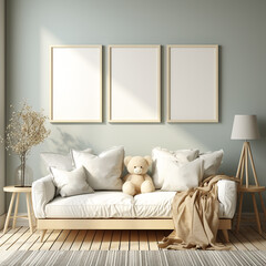 living room interior design model, three wooden frames on the wall, scandinavian style interior design, 3d render