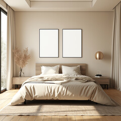 Set of 2 wooden frame model, Scandinavian style bedroom, stylish and elegant decors, 3D,