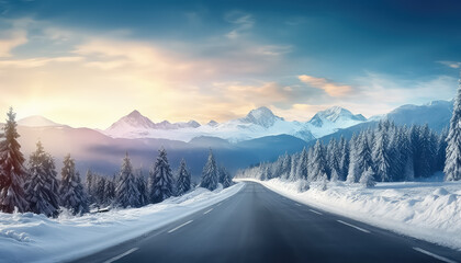 Beautiful winter road at sunset