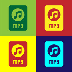 Pop art MP3 file document. Download mp3 button icon isolated on color background. Mp3 music format sign. MP3 file symbol. Vector