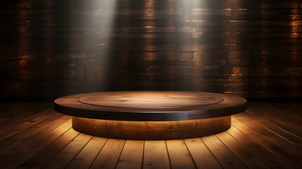 Round wooden pedestal with LED lighting mockup in wooden room