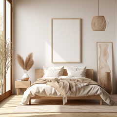 single minimalist frame mockup, ready frame mockup for wall art, bedroom interior design, 3d