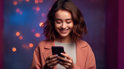 Happy smiling charming woman uses mobile happy texting in social media, social network, modern technology online communication