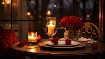 Romantic candlelit dinner for two with red rose centerpiece - obrazy, fototapety, plakaty
