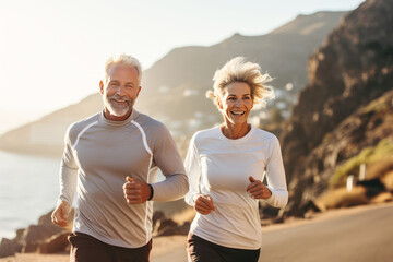 Adult Caucasian couple in sportswear jogging along a picturesque seashore. Cheerful mature athletic man and woman smiling while running in a beautiful fresh morning. Active lifestyle for all ages. - obrazy, fototapety, plakaty