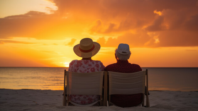 A senior couple enjoying a sundown on their beach chairs in the Bahamas, generative ai.