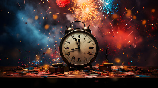 Silvester midnight countdown clock with fireworks background