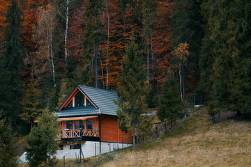 Mountain Style Wooden House in a Picturesque Landscape. Escape to a Modern Wooden Chalet Cabin Amidst Nature's Beauty