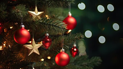 Christmas tree decorations with gold stars and red balls