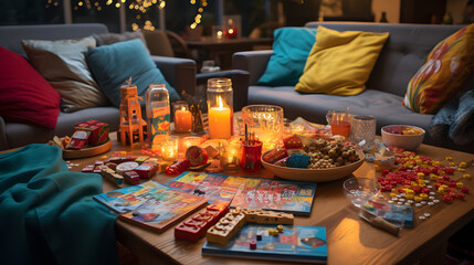 Silvester family game night with snacks and drinks on table - obrazy, fototapety, plakaty