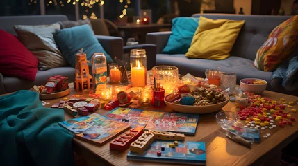 Foto op Aluminium Silvester family game night with snacks and drinks on table © Matthias
