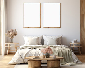 Stylish and simple interior design of farmhouse bedroom, double vertical wooden frame mock-ups on the wall, 3d render