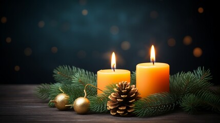 Fototapeta na wymiar Second Advent Burning Candles on Fir Branch - Festive Christmas Decor