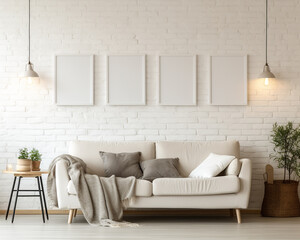 Set of 4 frame mock-ups, 4 white hollow stylish frame mock-ups on the wall in the living room, 3d render, for wall art