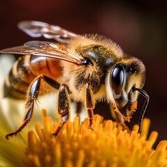 Honey bee on yellow flower close-up. Macro photography.