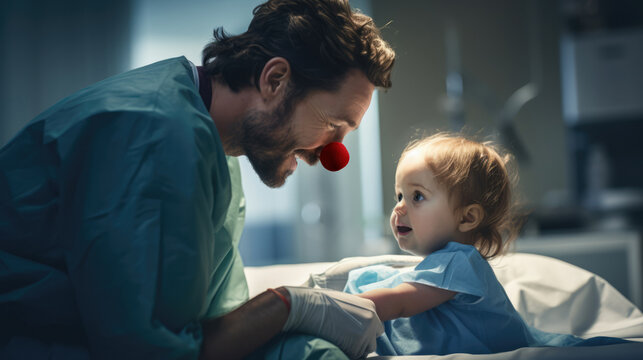 A doctor in a hospital seeing a toddler patient, wearing a red nose to bring happiness to the kid, generative ai.