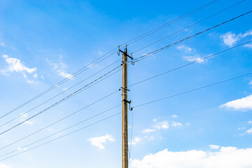 Power electric pole with line wire on colored background close up - obrazy, fototapety, plakaty