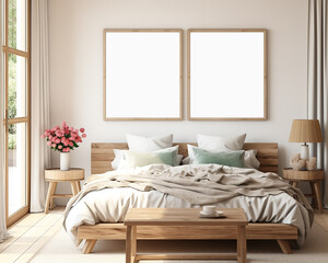 Two empty vertical picture frames on light gray wall in modern bedroom. Scandinavian, boho style interior,3d render