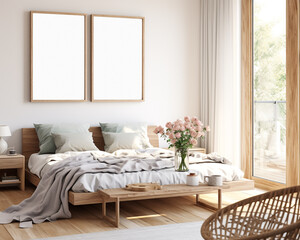 House model, furnished and 2 empty frame models, bedroom interior background, Beach style, 3D render
