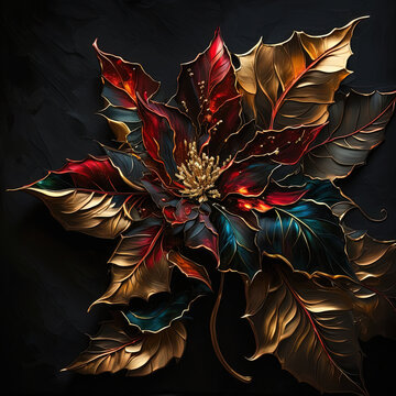 Luxury floral oil painting. Gold and red Christmas poinsettia flower on black