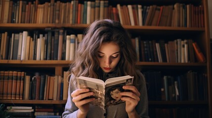 Youg woman reading book at library, bookstore while buying some good literature, read books to broaden your knowledge - obrazy, fototapety, plakaty